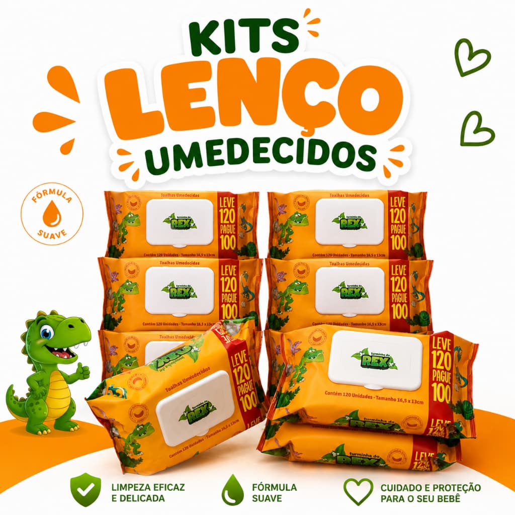 Kit 6 Toalhas Umedecidas Turmina do Rex Neném Menina Menino Lenço Infantil Higiene