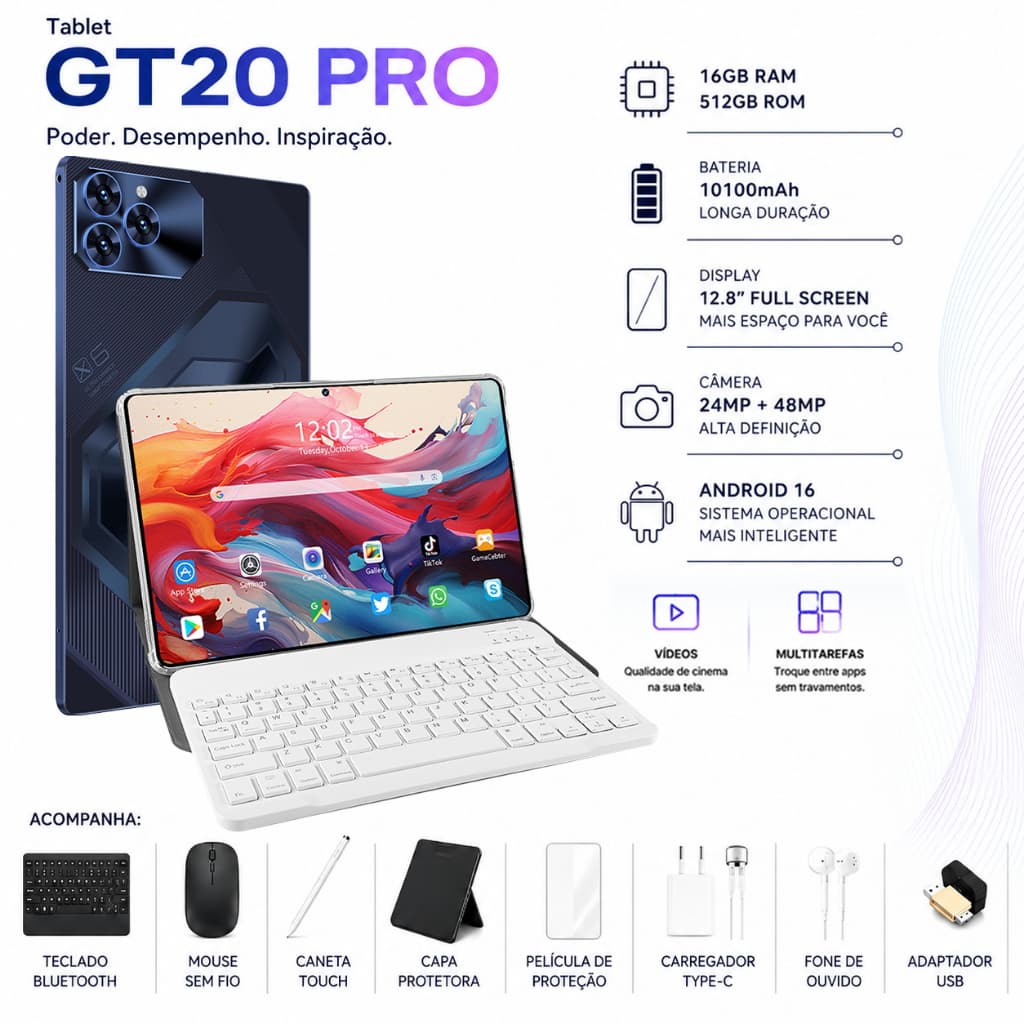 Tablet Galaxy GT20 Pro 12.8" Android 16 - Processador Snapdragon 8 Gen 3, 16GB RAM + 512GB ROM  Tela Full HD Câmera 48MP