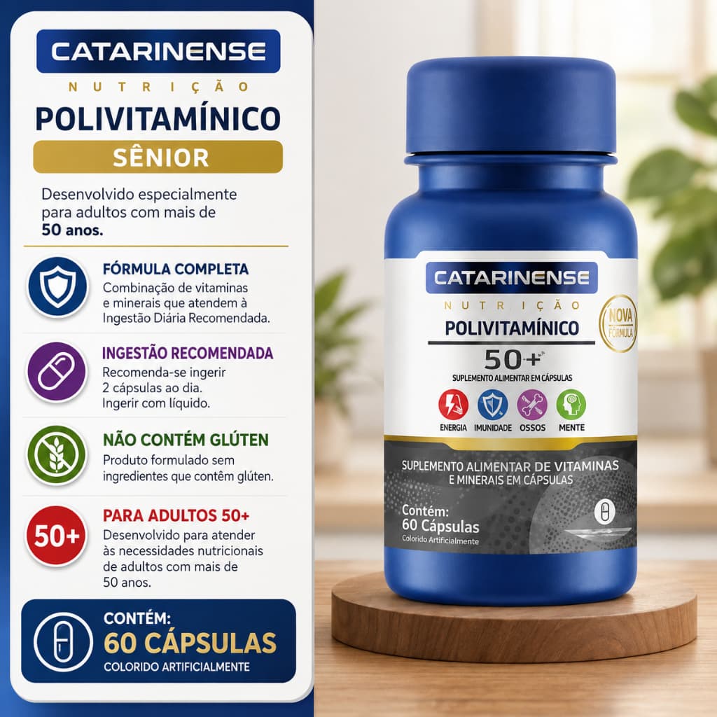 Polivitamínico 50+ Catarinense Multi 23 Vitaminas e Minerais 60 Cápsulas