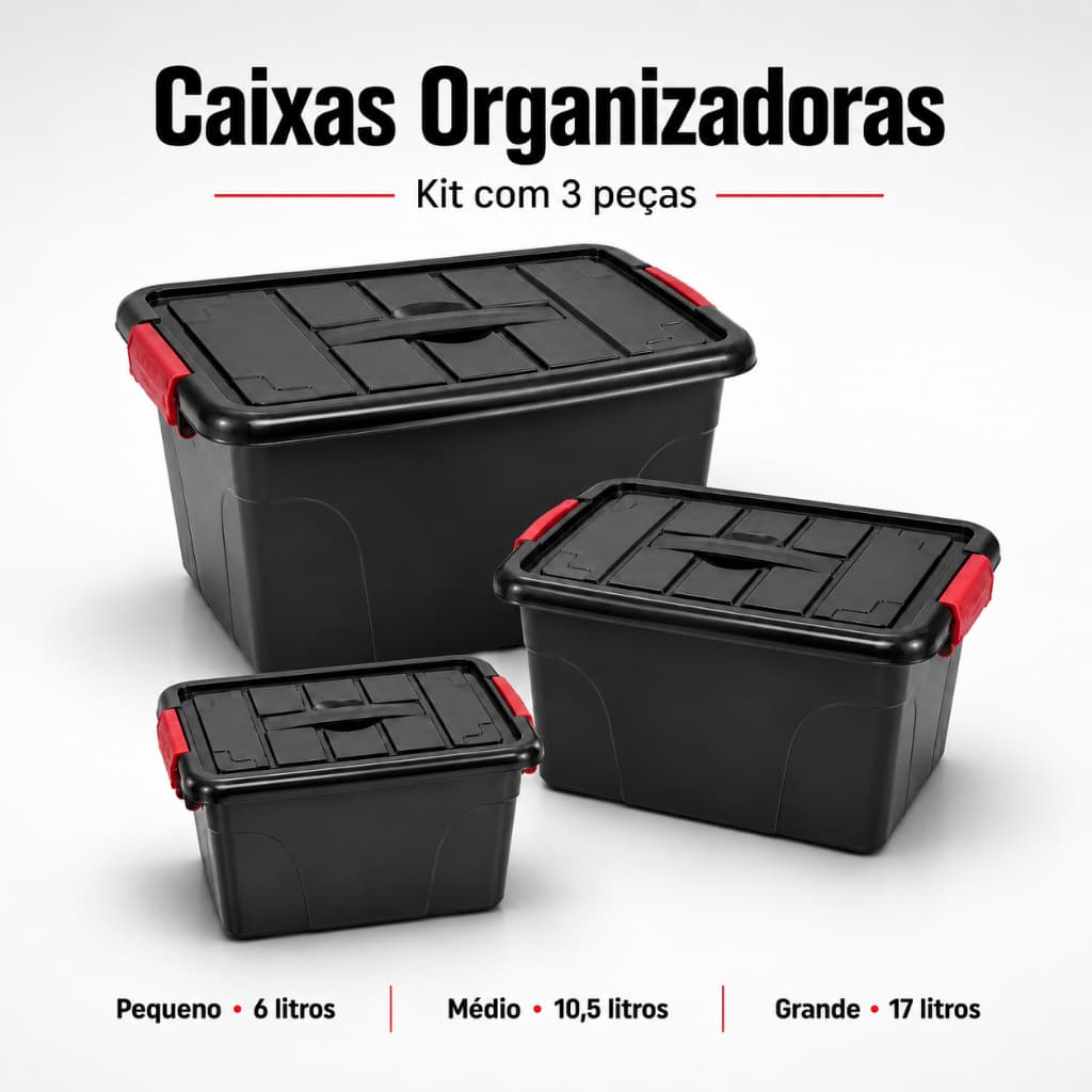 Kit 3 Caixas Organizadoras Com Tampa Preto Plástico Multiuso Cozinha Banheiro Quarto 6L 10,5L 17L LUM3
