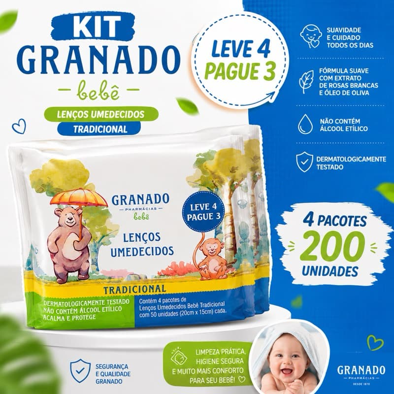 Kit Granado Bebê Lenço Umedecido Tradicional Leve 4 Pague 3 200 Unidades