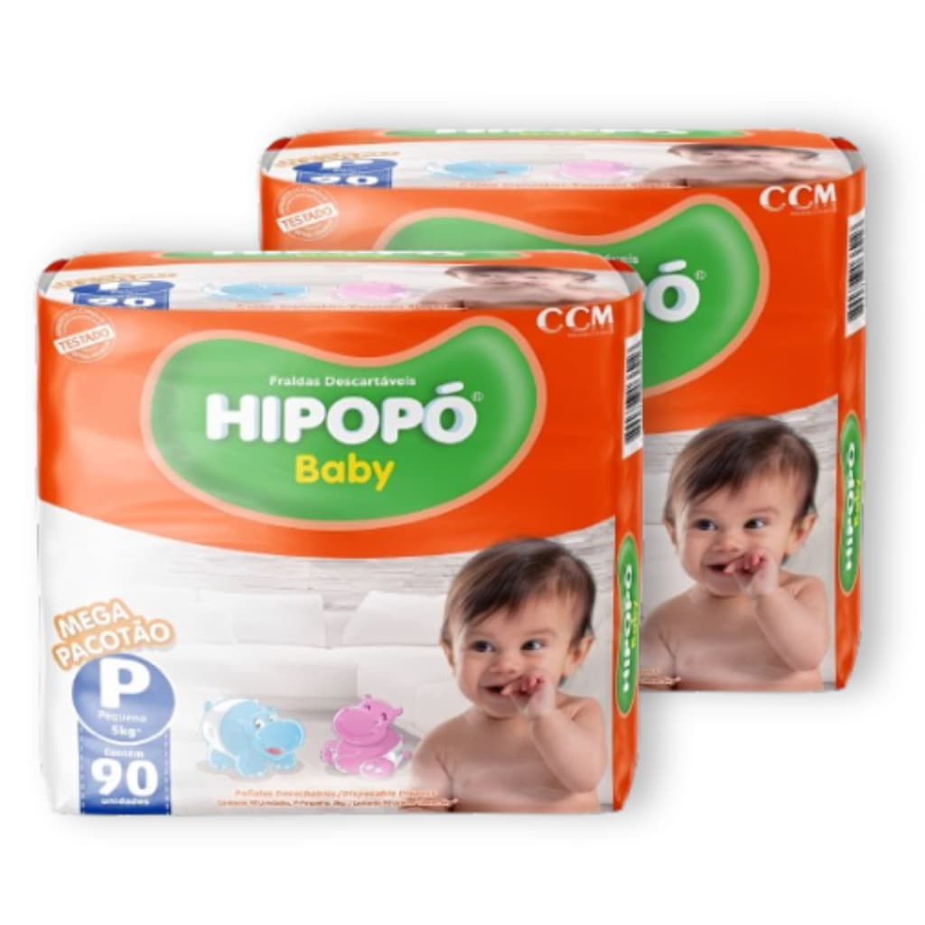 Kit 2 Fralda Descartável Hipopó Baby P Pacotão Hiper Total 180 Unidades Econômico