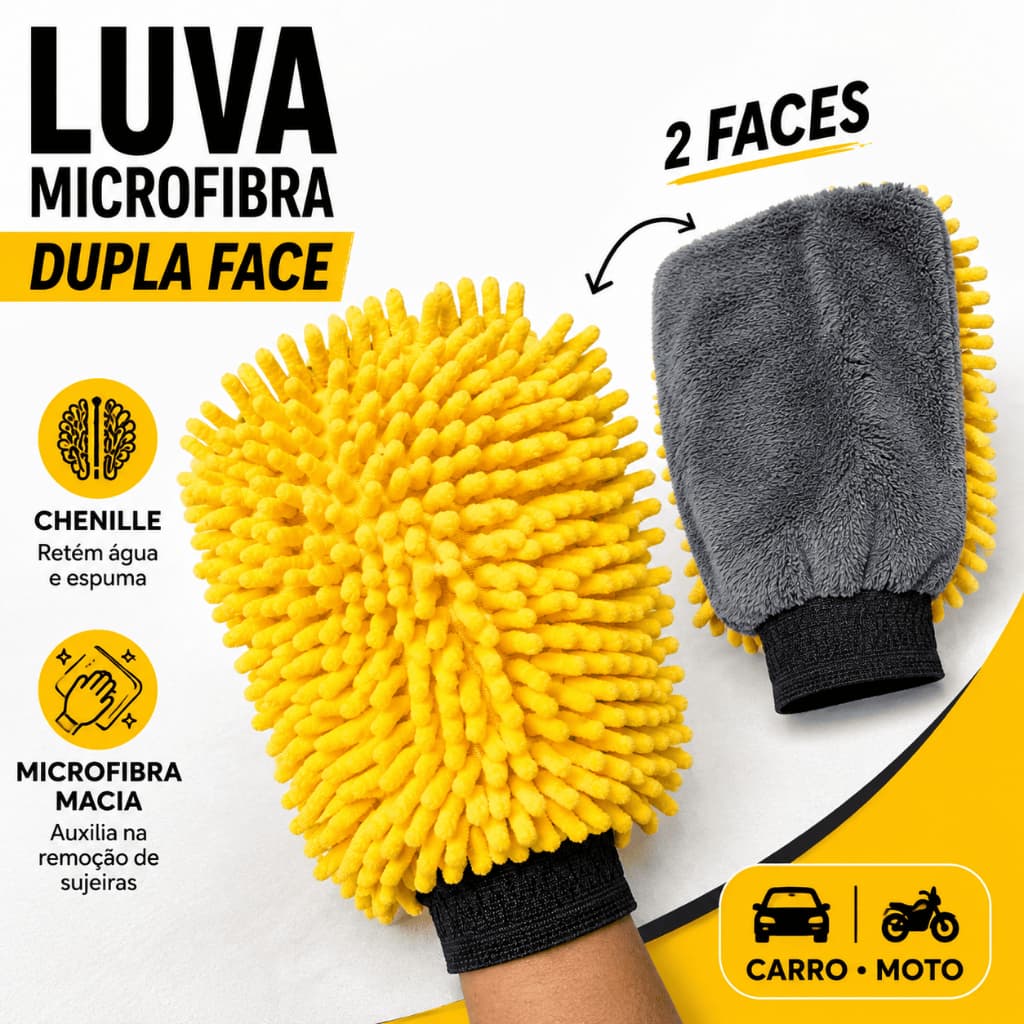 Luva Microfibra Limpeza Automotiva Dupla face Detalhamento Automotivo Carro Moto Multiuso 25x16Cm