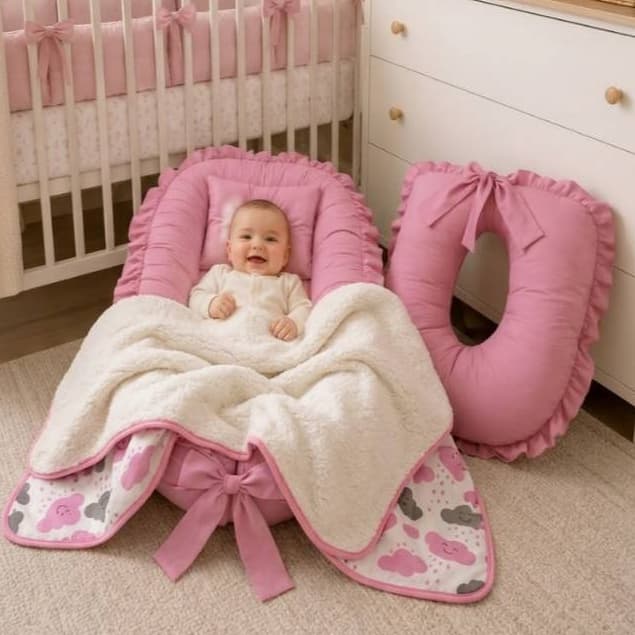 Kit Bebê Ninho Redutor + Almofada Amamentação + Manta Sherpa Infantil Enxoval Recém-Nascido