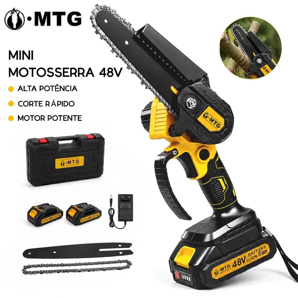 Motosserra Elétrica 48V Bivolt - Kit Completo c/ 2 Baterias Sem Fio para Jardim