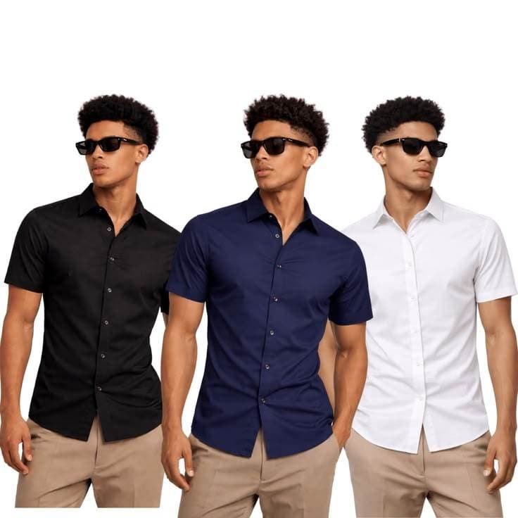 Kit 3 Camisas Sociais Masculinas Tricoline Manga Curta – Camisa Social Casual Slim Confortável para Trabalho