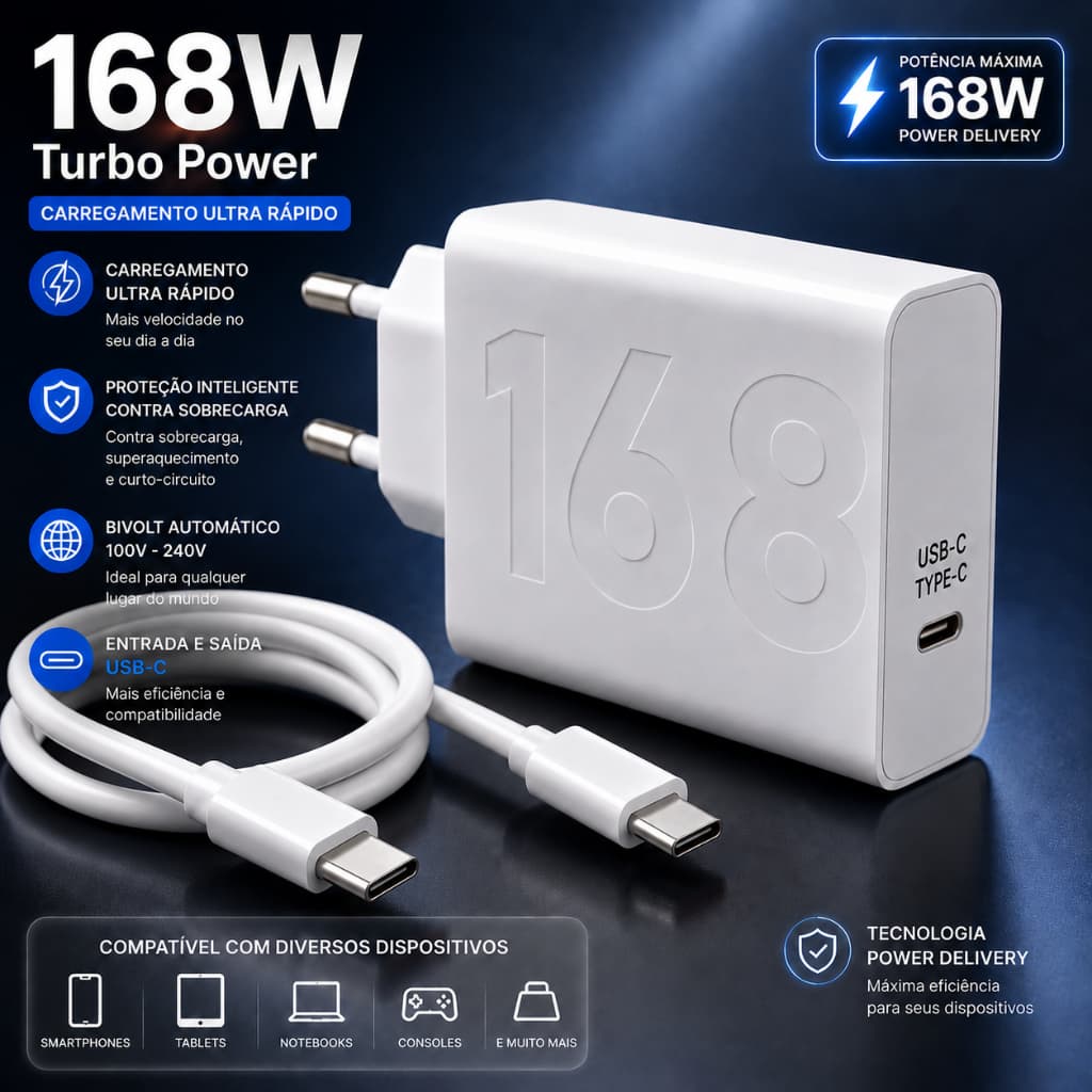 KIT Carregador Cabo e Fonte Turbo 168W PD Celulares Xiaomi Poco Realme USB-C TIPO C Carregamento Super Rápido