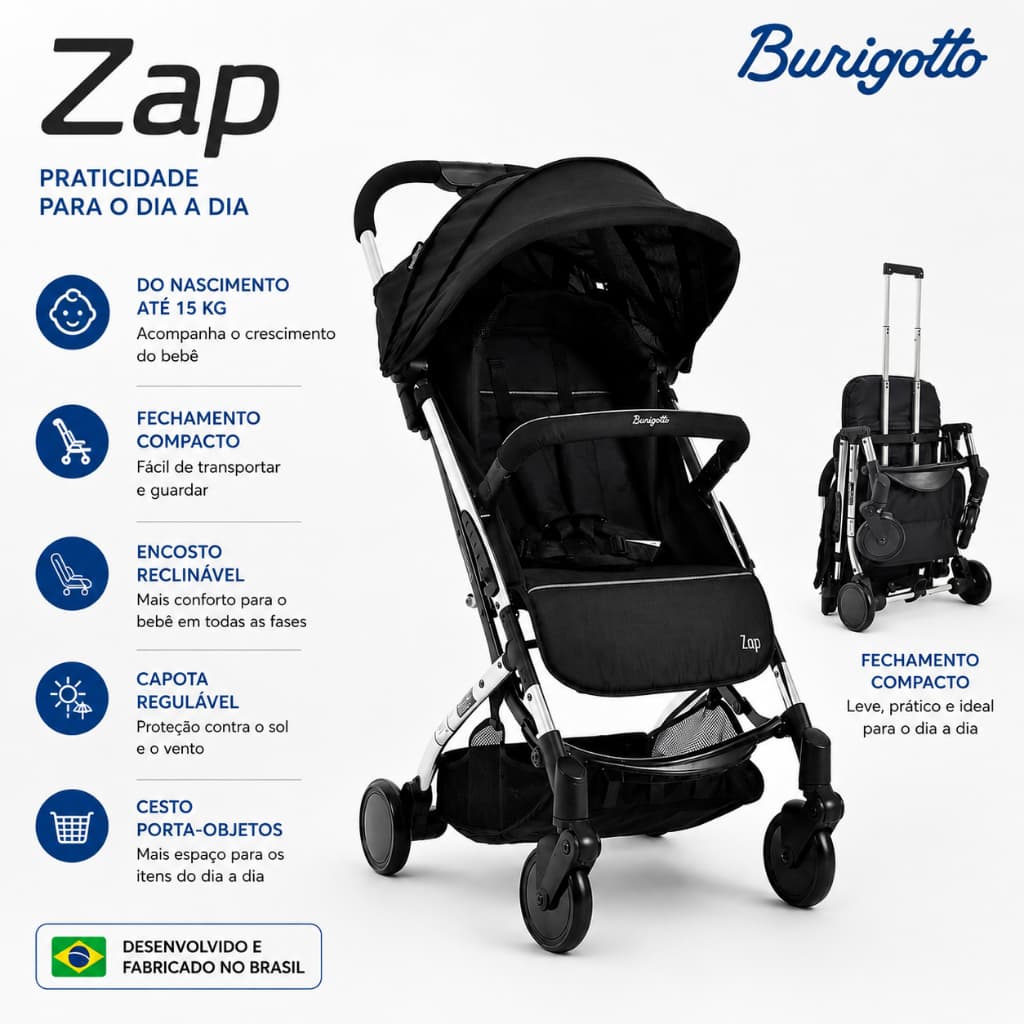 Carrinho de Bebê Burigotto Zap Preto Chassi Metal Prata 0 a 15kg Passeio Compacto