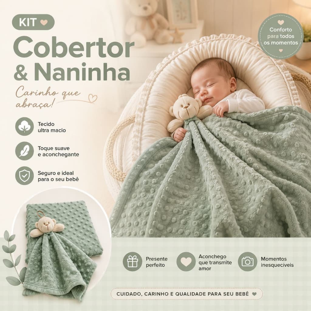 KIT MANTA COBERTOR C/ NANINHA FEMININO MASCULINO E NEUTRO CORES VARIADAS SOFISTICADAS E MACIA BEBÊ ENXOVAL RECÉM NASCIDO