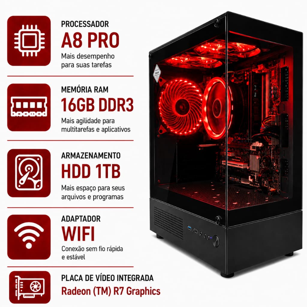Desktop Gamer Computador AMD A8 Pro Radeon(TM) R7 16Gb Ram Ddr3 HD 1TB Cpu Torre Com Wifi