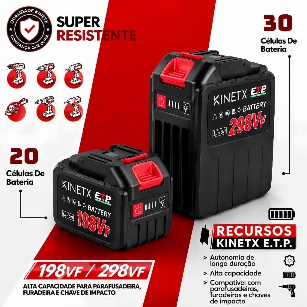 Bateria Recarregável Li-ion 198V/298V Kinetx Alta Capacidade para Parafusadeira Furadeira e Chave de Impacto