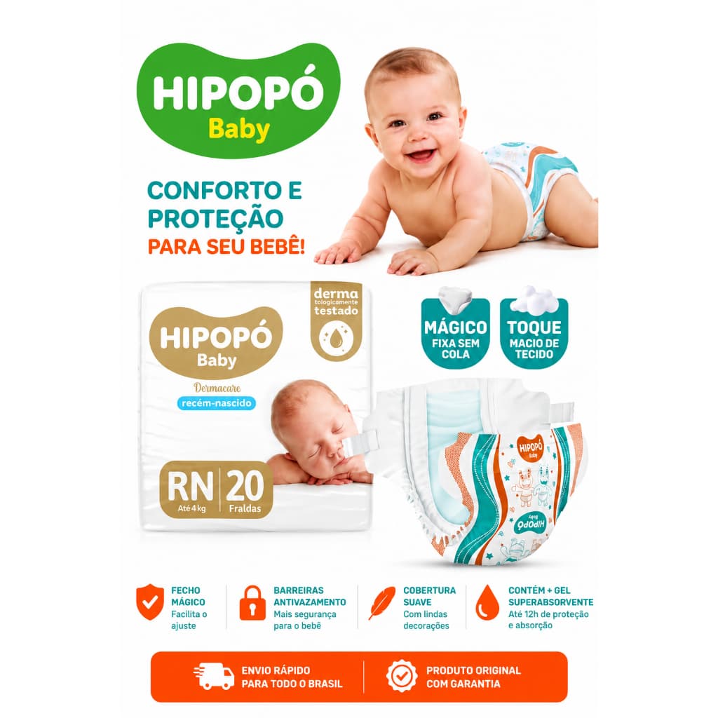 Fralda Hipopó Baby RN Recém-Nascido até 4kg 20 Unidades | Confortável, Macia e Antivazamento