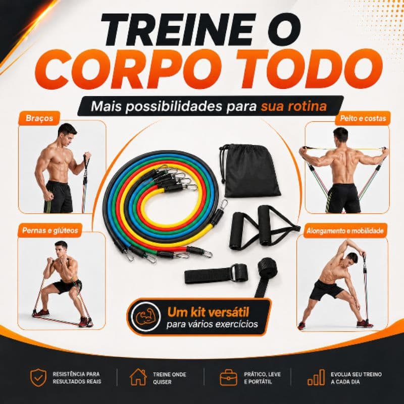 Kit Elástico Extensor 11 Peças com 5 Níveis de Resistência para Musculação Treino Funcional Academia em Casa