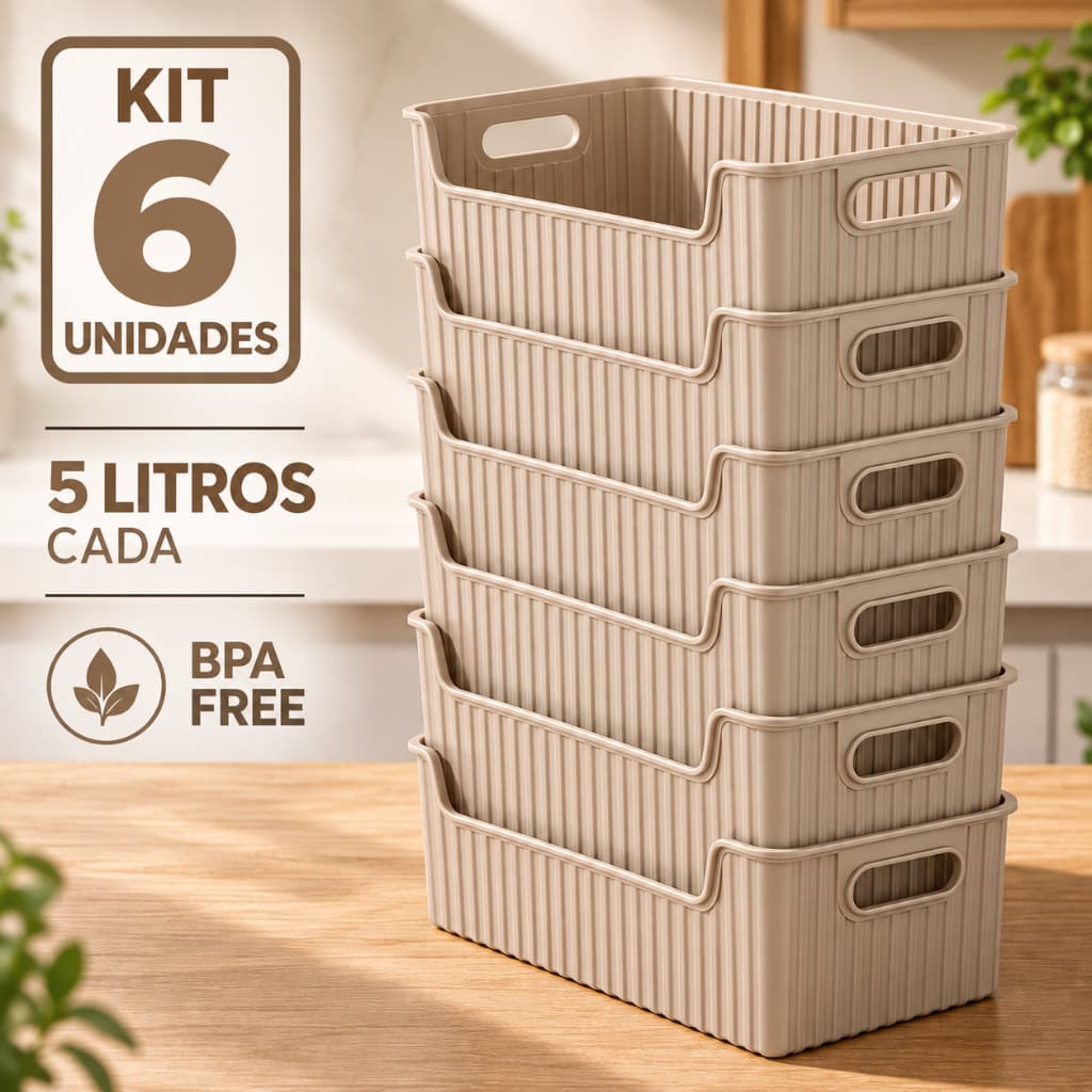 Kit 6 Cestos Organizadores Canelado BPA FREE 5 Litros Para Organização Geladeira Armário Banheiro Jaguar
