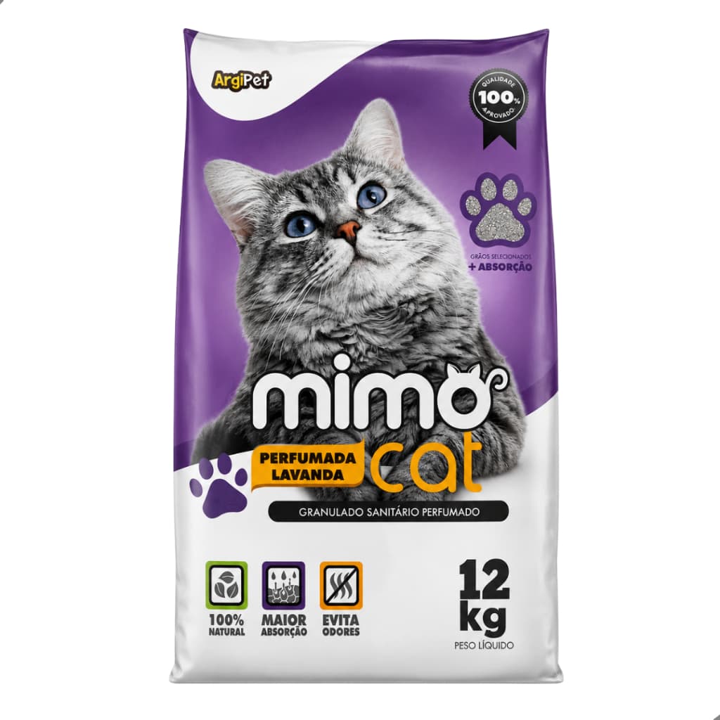 Areia Sanitária Higiênica de Argila 100% Natural para Gatos Grãos Médios Lavanda 12 kg Mimo Cat