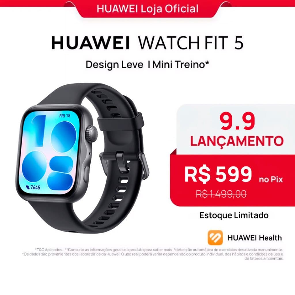 HUAWEI WATCH FIT 5 | Preço 9.9 de R$599,00 no Pix: aguardando aprovação do sistema