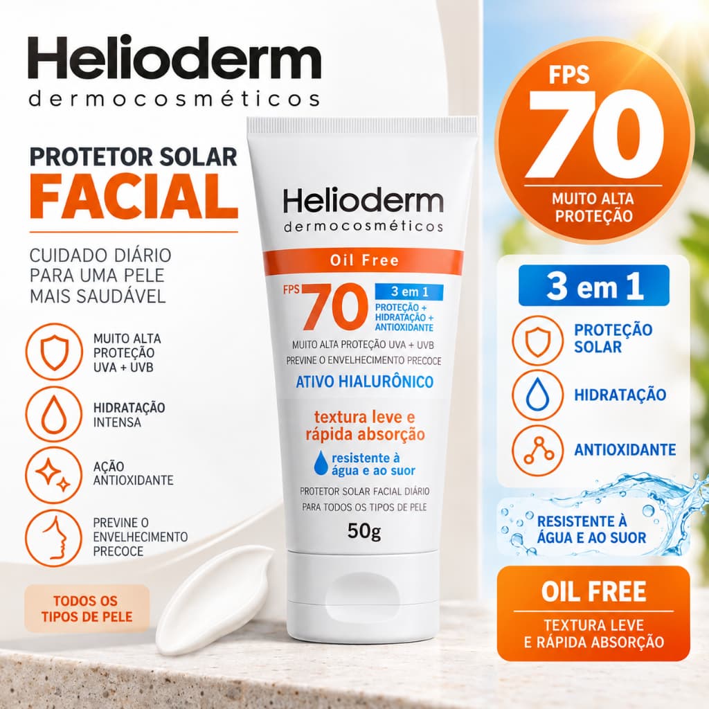 Protetor Solar Facial Helioderm Sem Cor FPS 70 Oil Free 50g 3 em 1 Acido Hialurônico Resistente a Agua