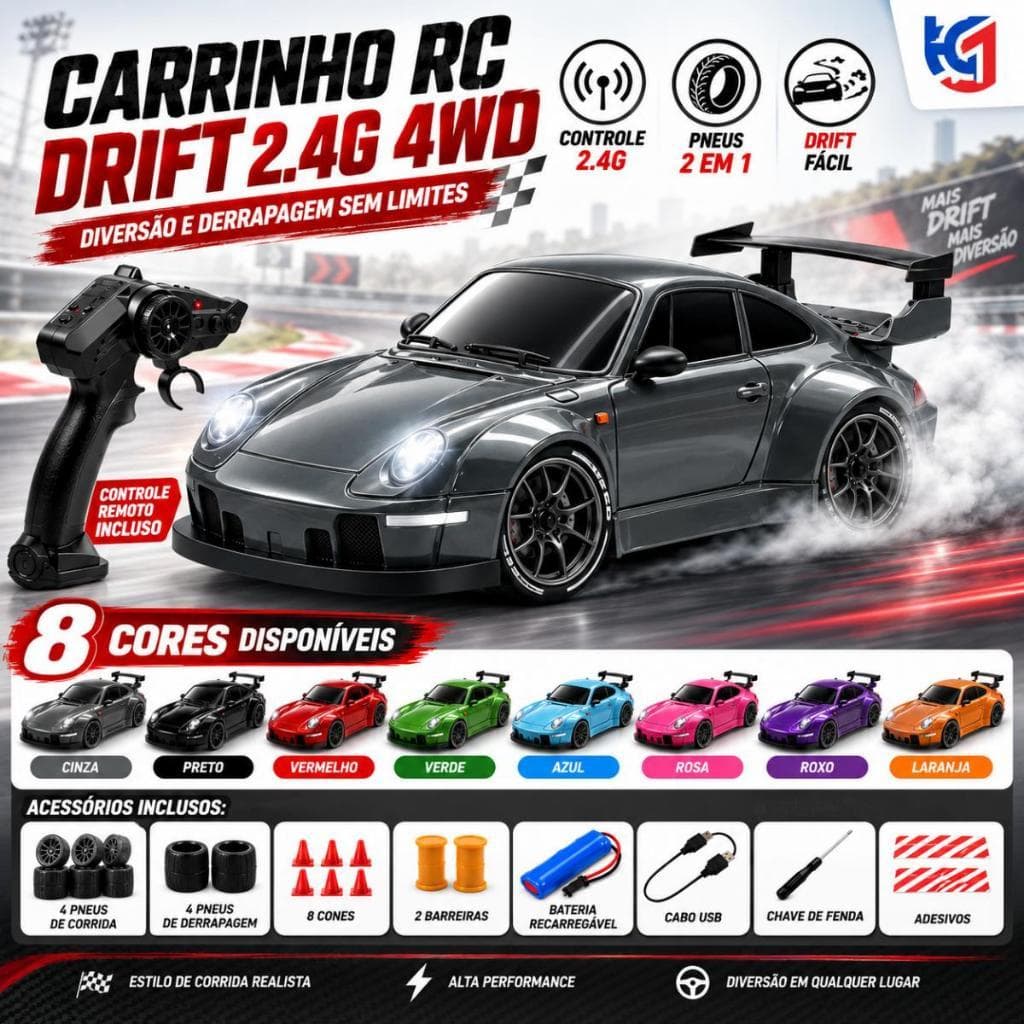 911 Carrinho Controle Remoto Drift 4x4 1:24 2.4GHz 20km/h Recarregável com LED e Pneus Extras