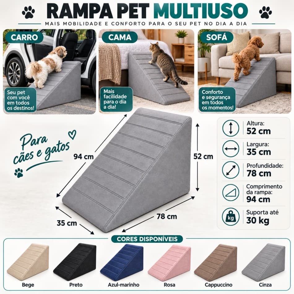 Rampinha Para Subir Na Cama Pet Shop Escadinha Para Gato Cachorro Antiderrapante Ração Golden Animal - Moveis Trida