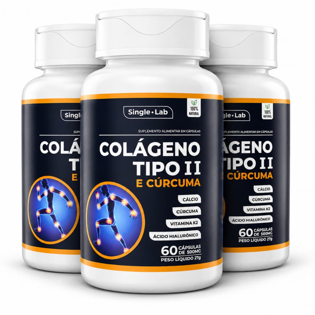 Kit 3 Colágeno Tipo 2 + Cúrcuma + Ácido Hialurônico Articulações Cálcio Vitamina K2 Cápsulas Sem Sabor