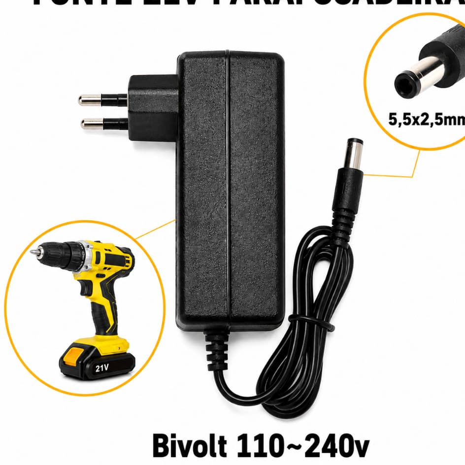 Fonte Carregador 21V Plug P4 para Parafusadeira e Furadeira de Lítio - Bivolt Automática