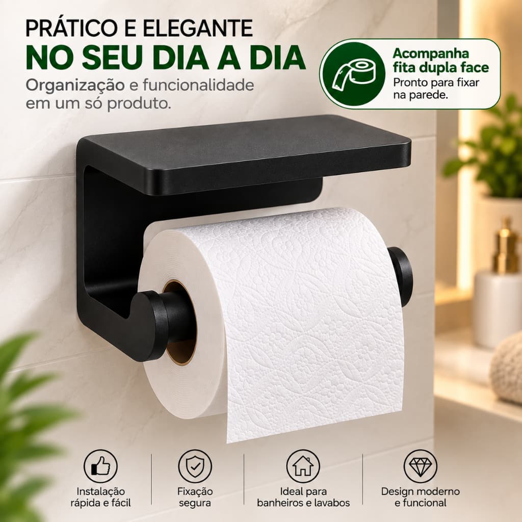 Porta Papel Higiênico com Prateleira Sem Furos Suporte de Parede para Banheiro Preto