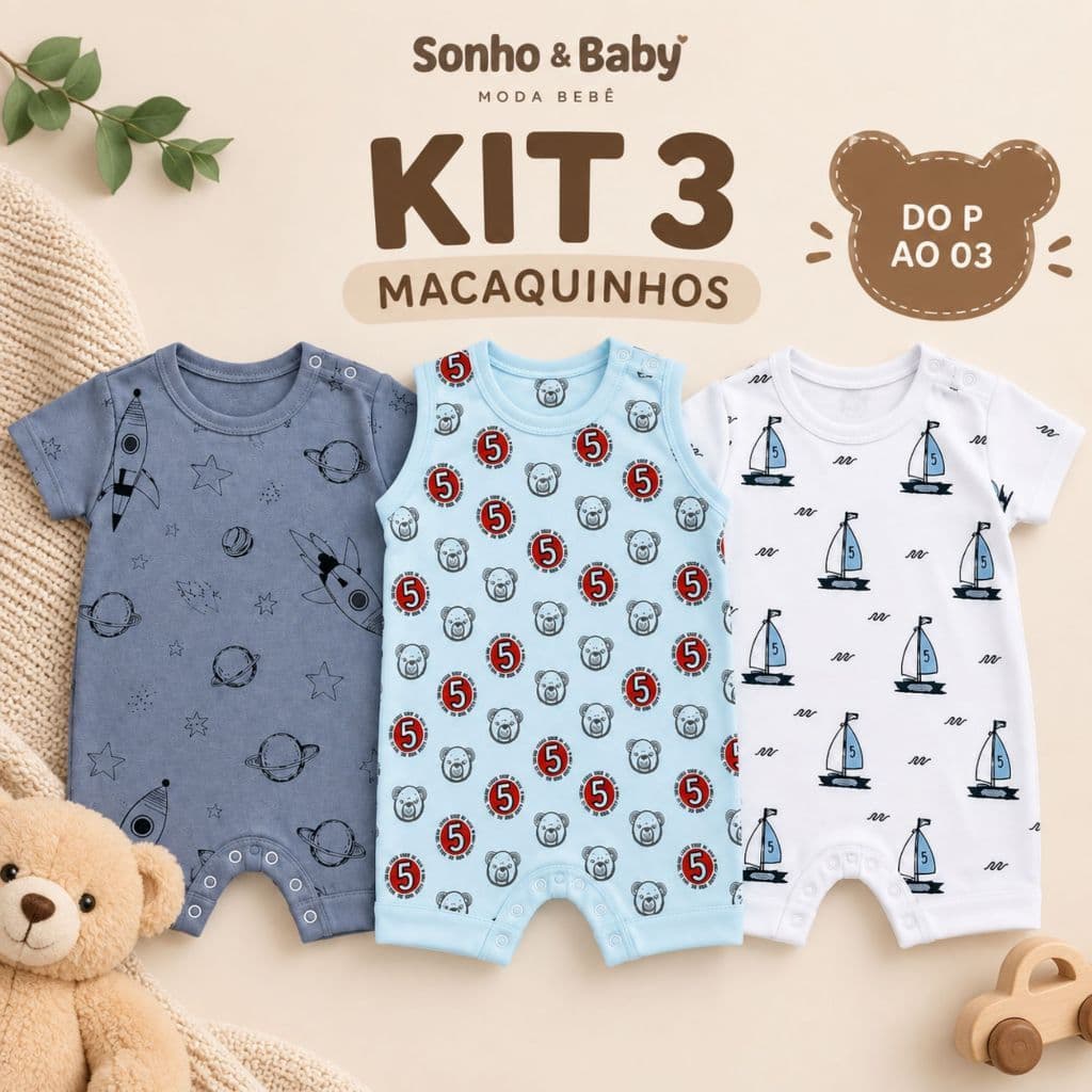 Kit 3 Macaquinhos Bebê Verão 100% Algodão Estampados Infantil Unissex