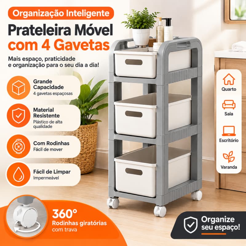 Organizador Multiuso com Rodinhas 4 Gavetas Plástico Reforçado Carrinho de Armazenamento para Banheiro Cozinha Quarto