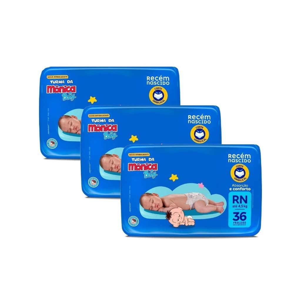 Kit 3 pacotes Fralda RN Turma da Mônica 36 unidades Recém-Nascido até 4,5kg
