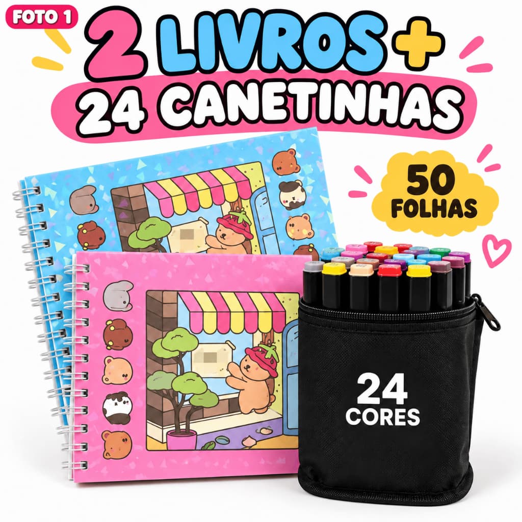 Kit 2 Livros de Colorir Capa Dura Holográfica 50 Folhas + 24 Canetinhas Ponta Dupla Bob