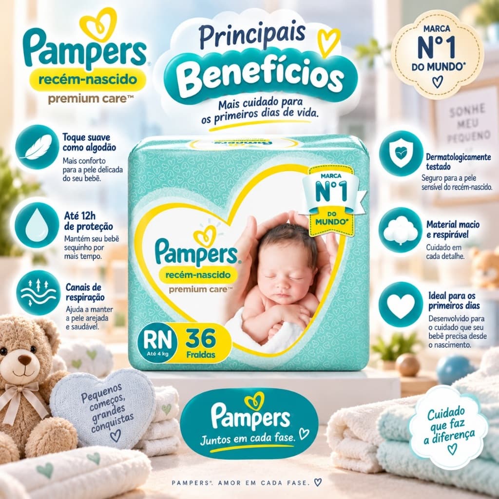 Fralda Pampers Premium Care Recém-nascido Rn Com 36 Unidades Promoção