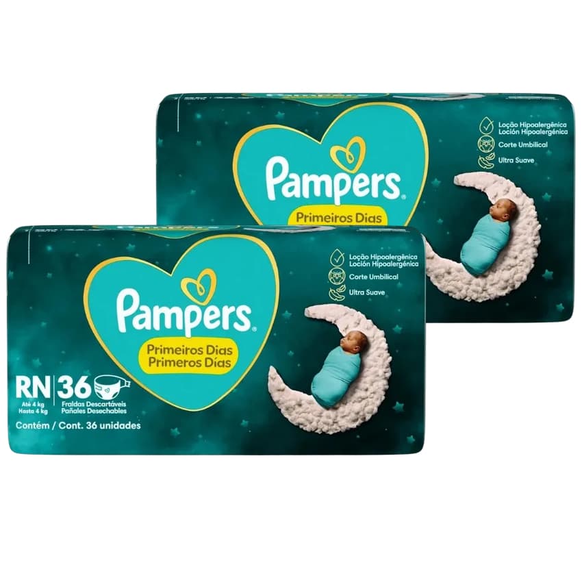 Kit 2 pacotes Fralda Pampers Premiun Care RN 36un até 4kg