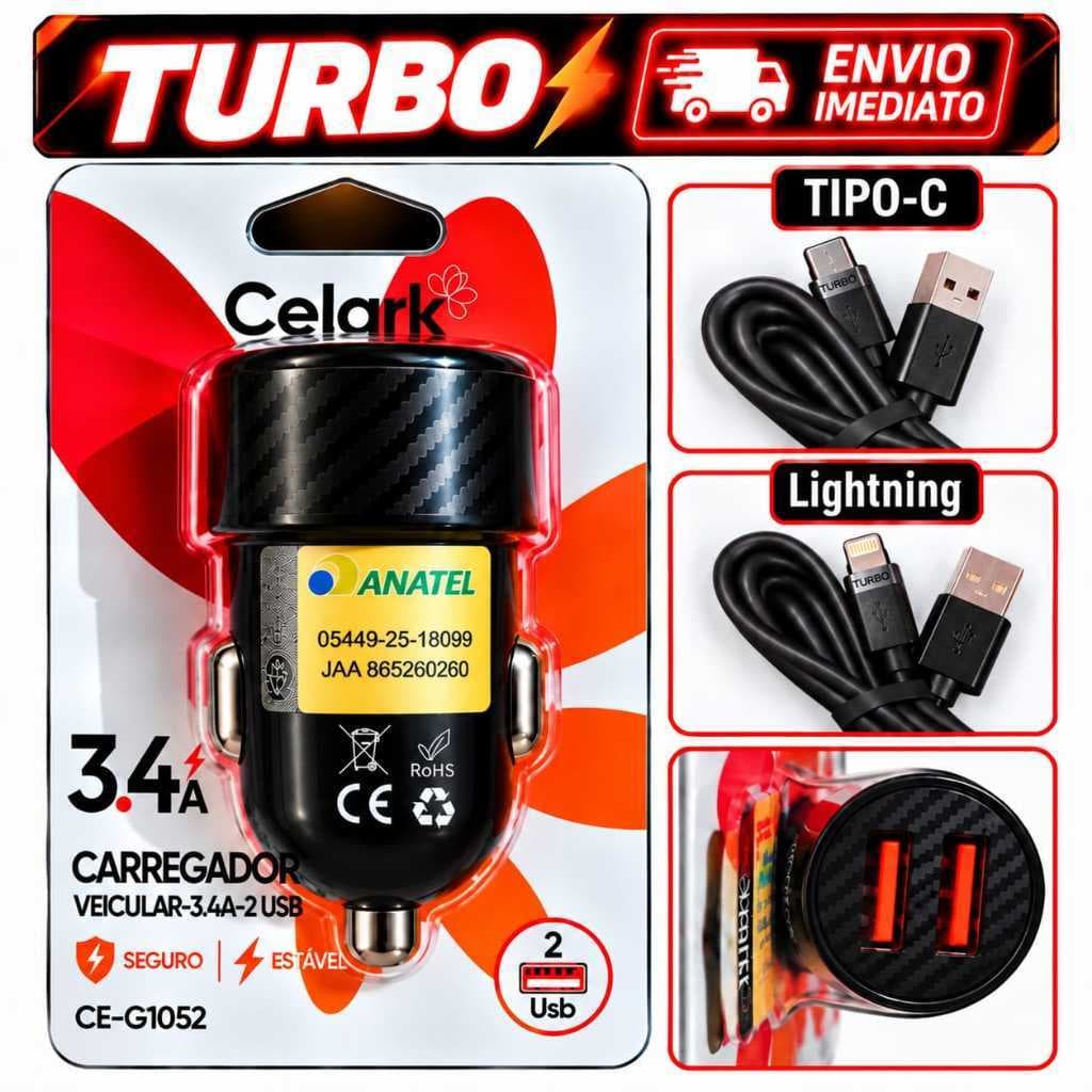 Carregador Turbo Veicular Carga Rápida com Cabo Tipo-C ou Lightning 2 Saídas USB