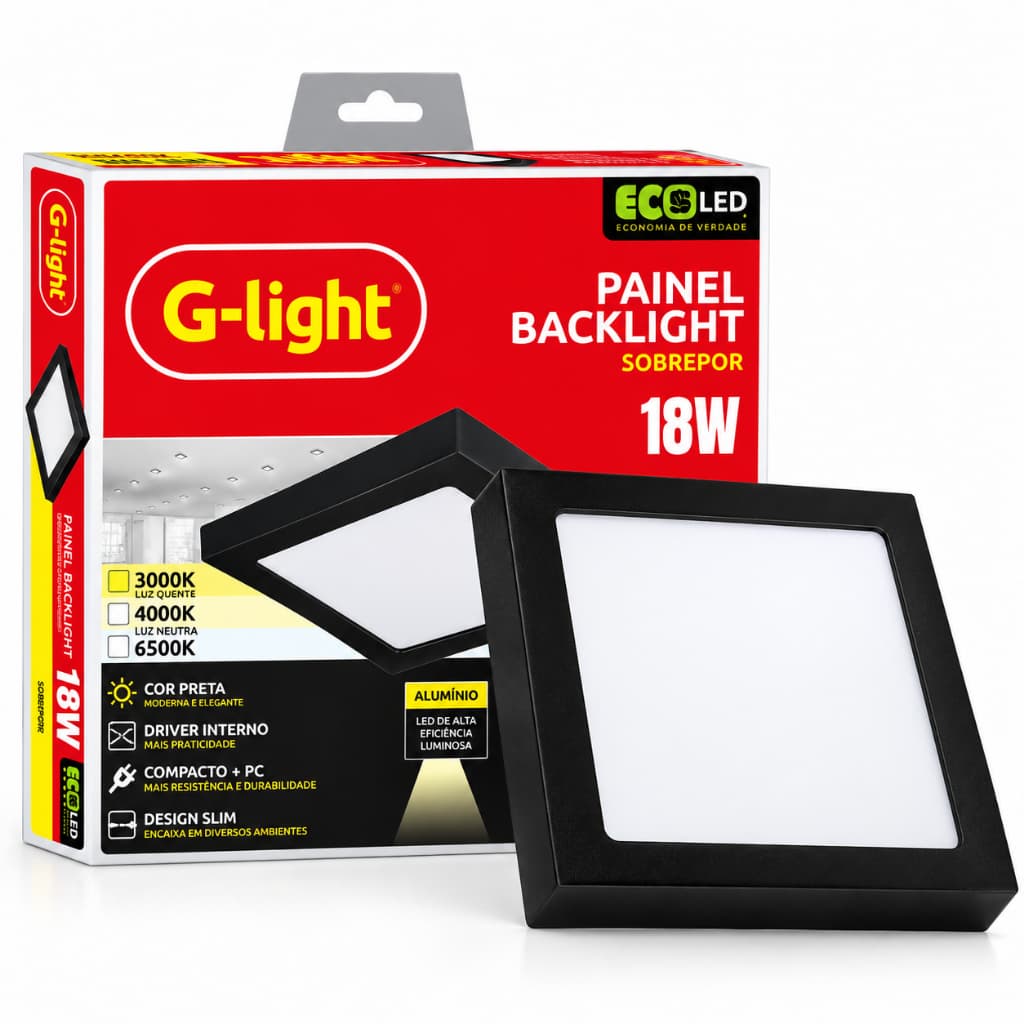 Luminária Painel Plafon Led 18W Preto Sobrepor Quadrado Branco Frio 6500K Bivolt 127V / 220V