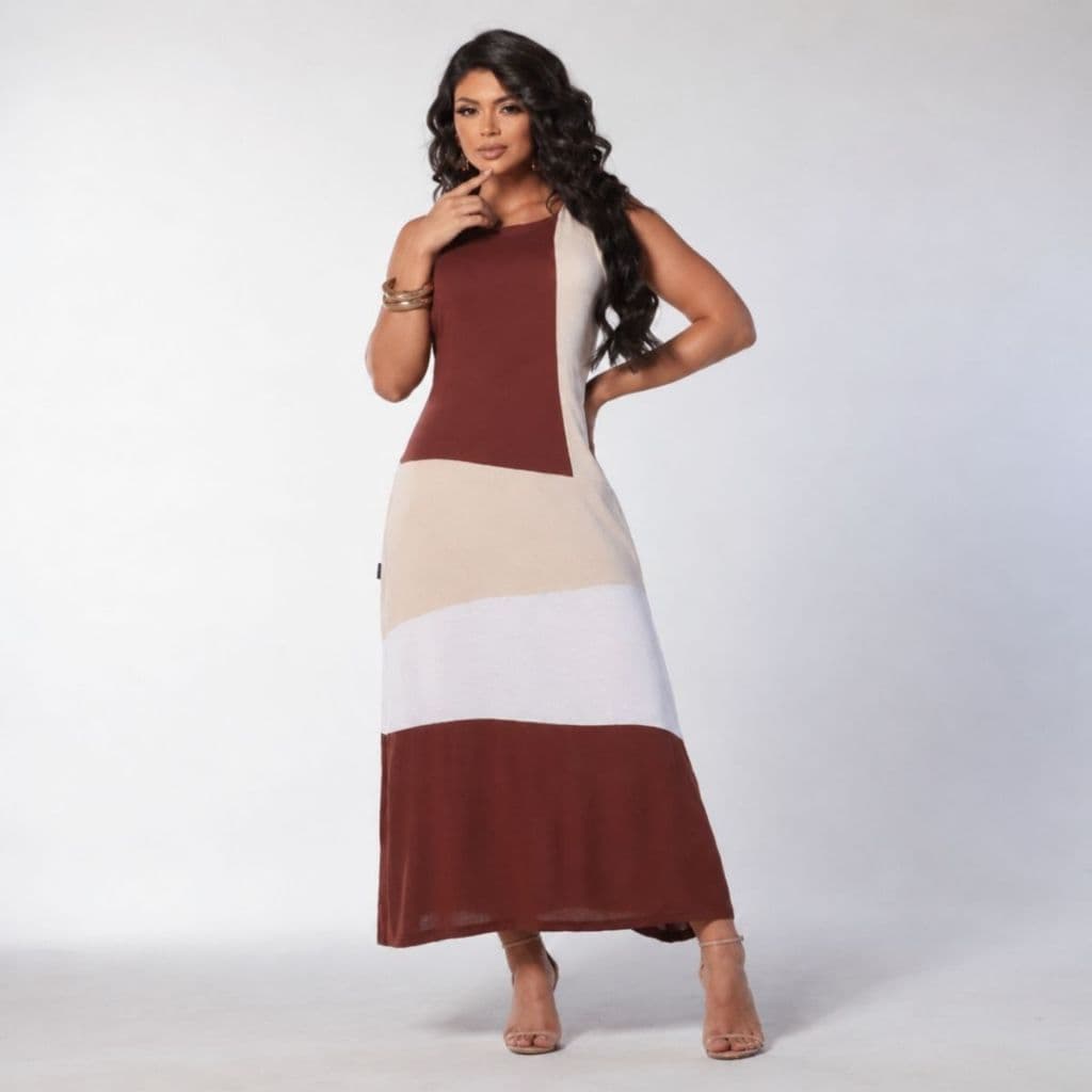 Vestido Longo Feminino Tecido ViscoLinho Elegante Forrado Moda Clássica Verão Tricolor