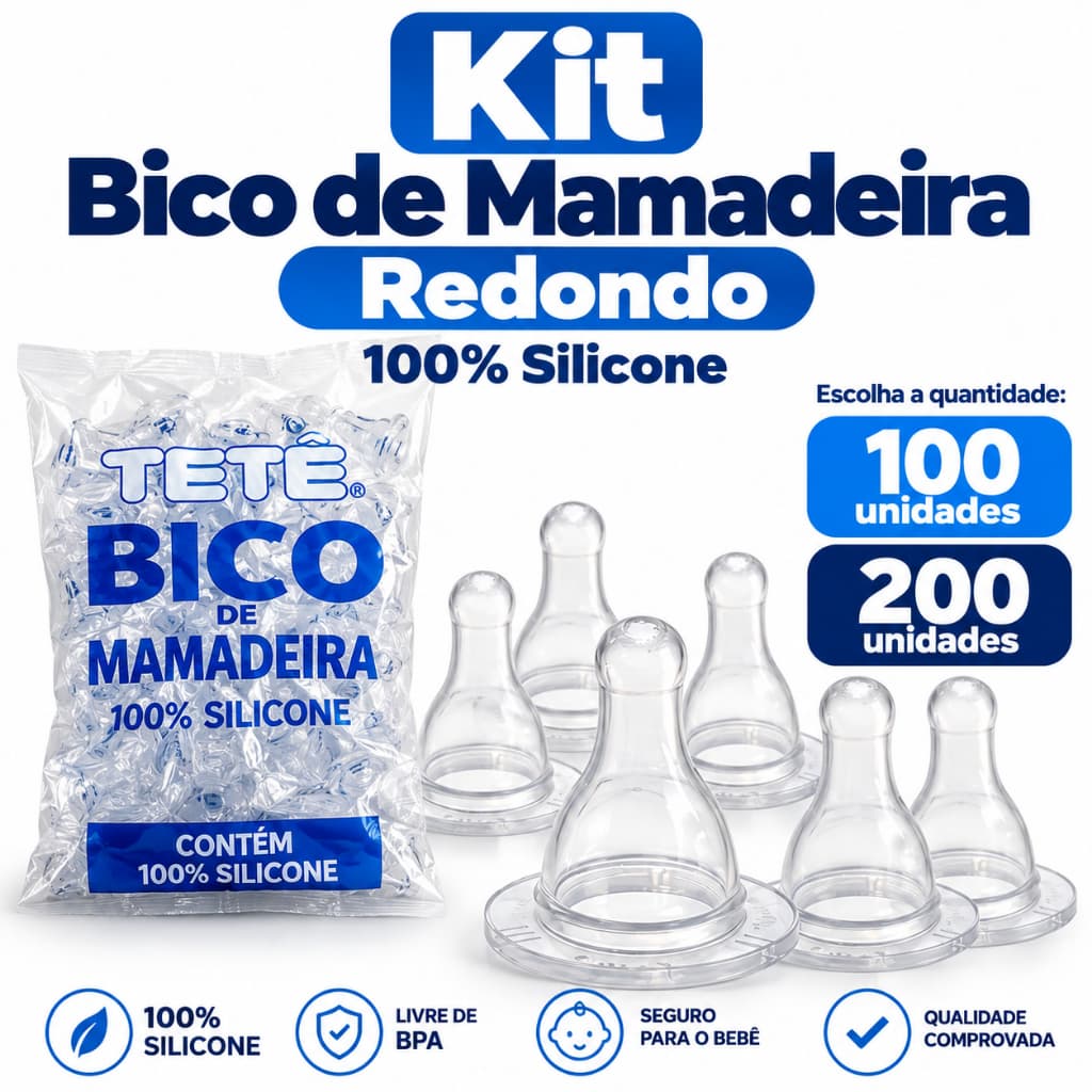 Kit 100 ou 200 Bicos de Mamadeira Redondo 100% Silicone Para Bebes Aprovado Pelo Inmetro - ATACADO