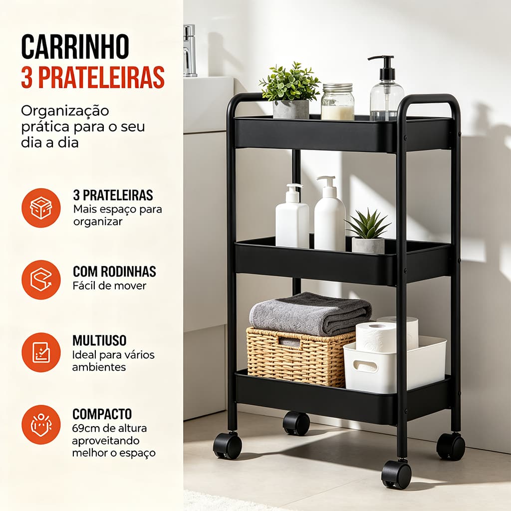 Carrinho Organizador Multiuso 3 Prateleiras com Rodinhas Cozinha Banheiro Lavanderia Preto