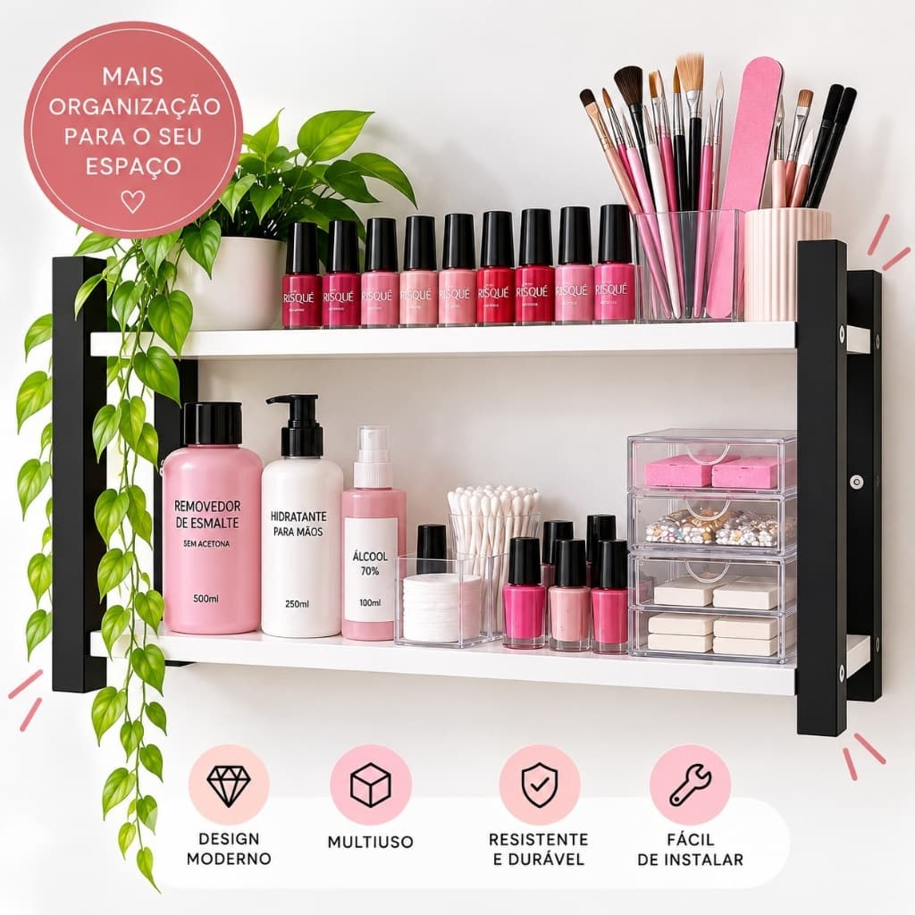 Prateleira de Parede 2 Andares Suporte Organizador Multiuso Manicure Esmaltes Salão Banheiro Lavanderia Escritorio