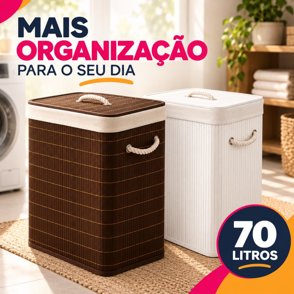 Cesto Roupa Suja Bambu Organizador Banheiro Lavanderia Quarto Multiuso Dobrável Tampa Alças Grande 70L