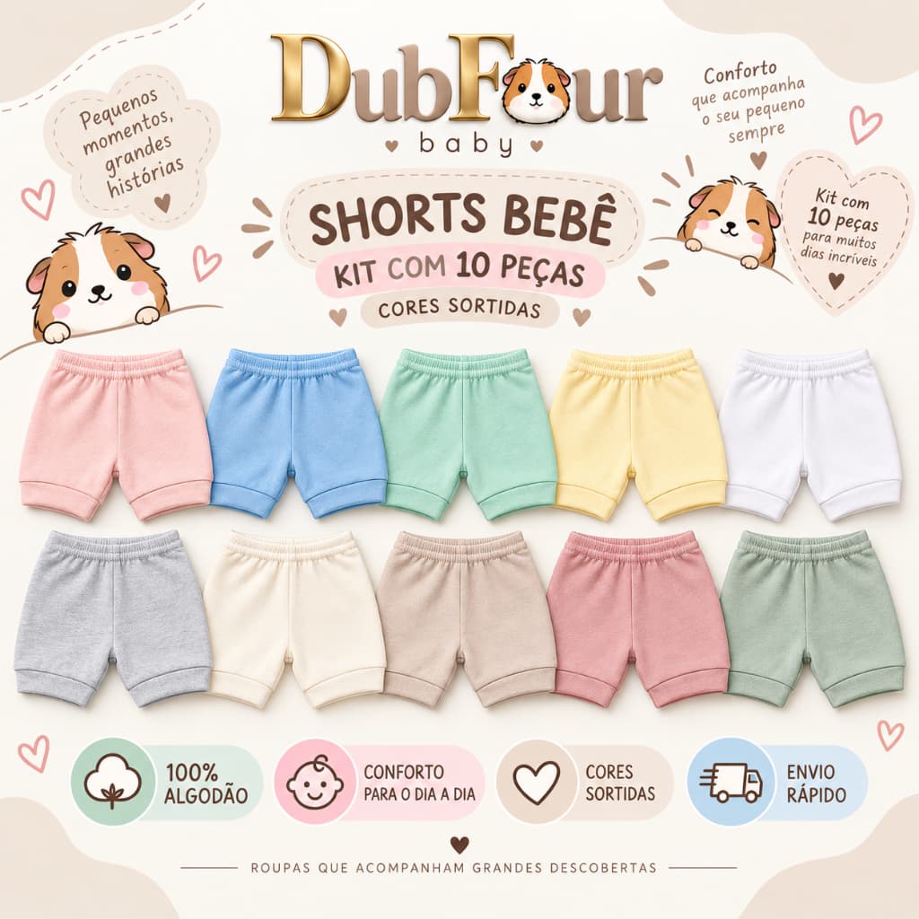 Kit 10 Shorts De Bebê tapa fralda Menina Menino Unissex Infantil  Cores Lisas enxoval