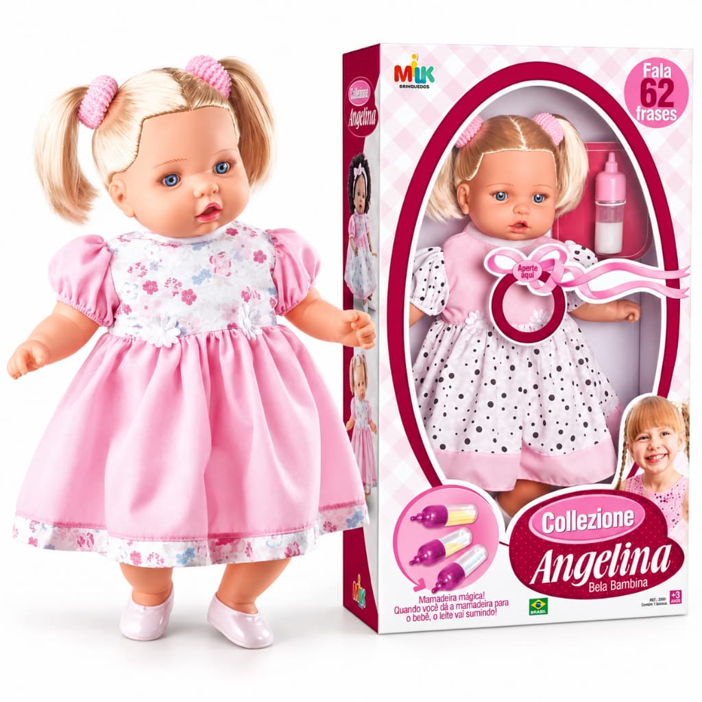 Boneca Angelina Fala 62 Frases Mamadeira - Menina