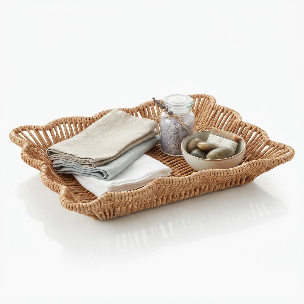 Cesta de Rattan Lyor Botânica 26x20x5cm Natural Organizadora Bandeja Baixa para Pães Frutas Chaves Cozinha Banheiro Boho