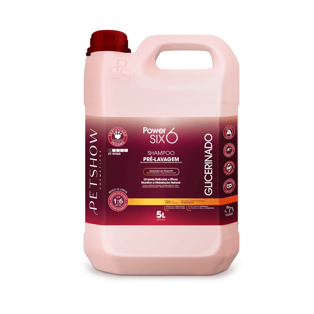 Shampoo Glicerinado Pré-Lavagem Power Six 5L Pet Show Banho e Tosa Profissional Rende 35 Litros Para Cães e Gatos