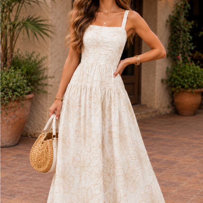 Vestido Longo Feminino Bordado Floral com Alça – Vestido Midi/Longo Elegante Soltinho Verão Casual Chic