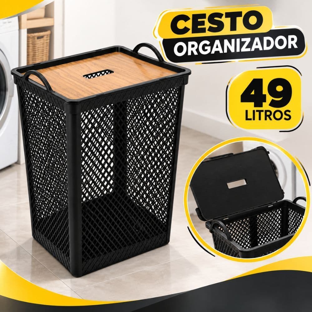 Cesto Organizador de Roupas 49L com Tampa e Alças Multiuso para Lavanderia e Banheiro