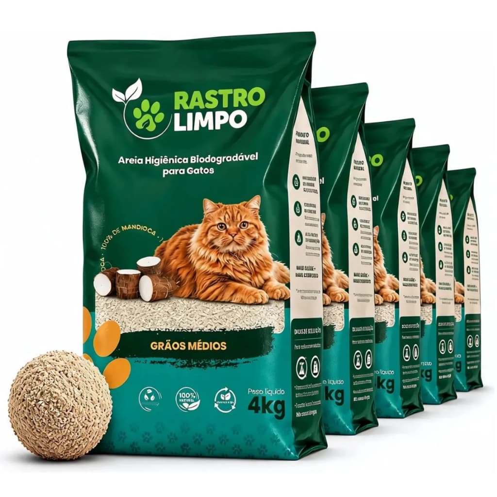 Areia Sanitária Para Gatos 100% Mandioca Biodegradável Grãos Médios Higiênica Granulado 20kg Rastro Limpo