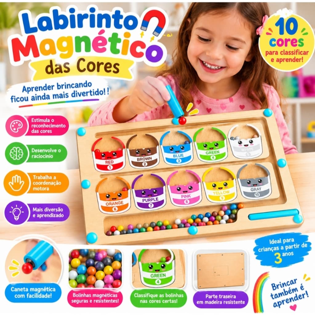 Labirinto Das Cores Com Caneta Magnética Educativo Infantil Em Madeira Brinquedo Educativo Pedagógico Montessori