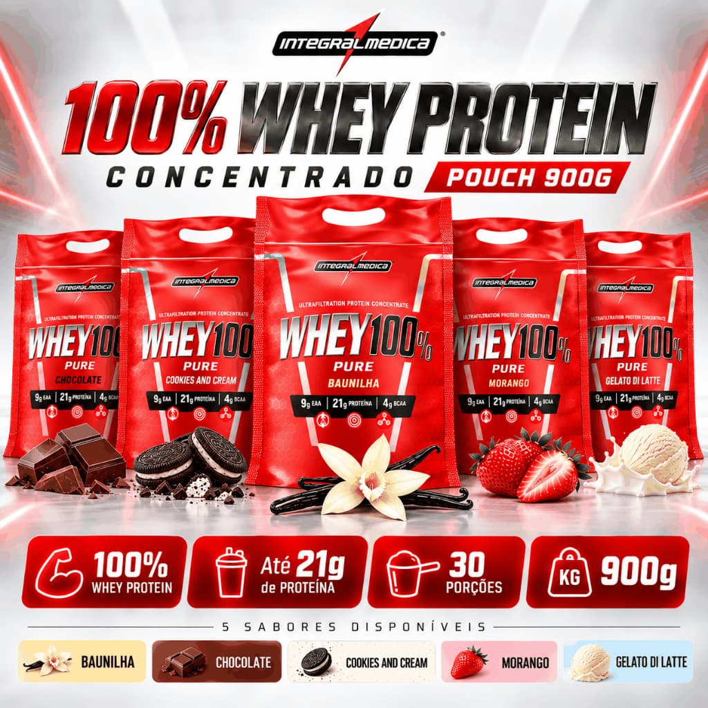 Whey Protein Concentrado Integralmédica 900g 100 Whey Pure BCAA EAA 30 Porções Baunilha Chocolate Morango Cookies Gelato