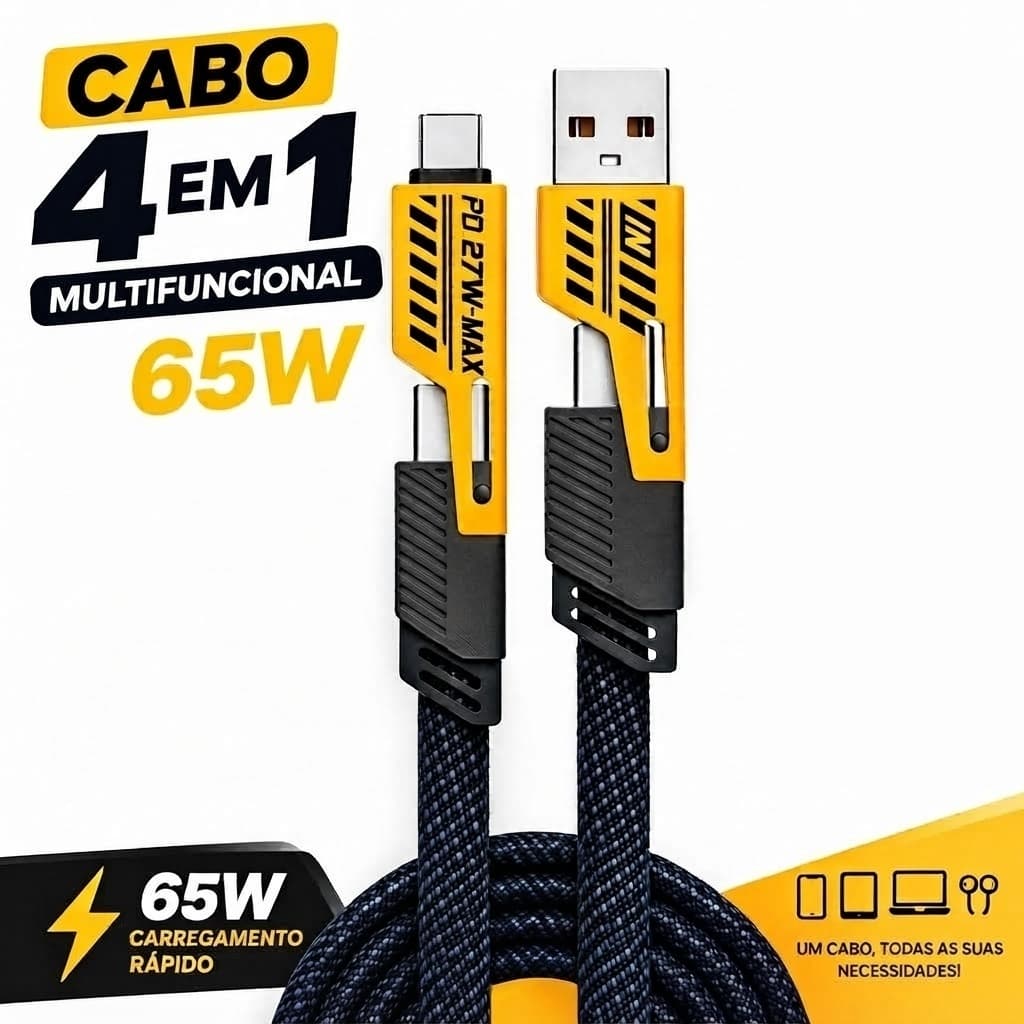 Cabo 4 em 1 Carregador Rápido 65W USB-C Lightning USB Tipo C Turbo para iPhone Android Celular Tablet Notebook
