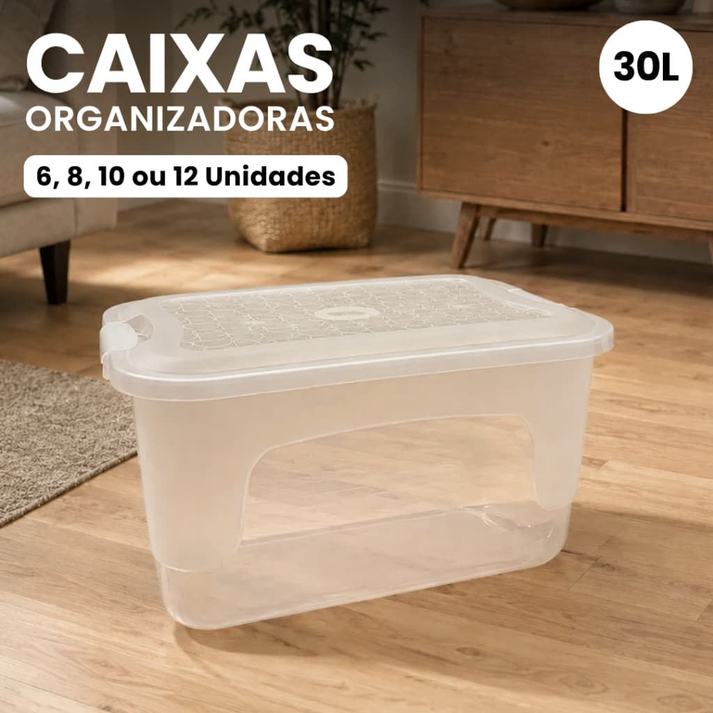 Kit até 12 Caixas Organizadoras de 30L Transpsrente com Tampa e Trava Multiuso para Casa Quarto Cozinha